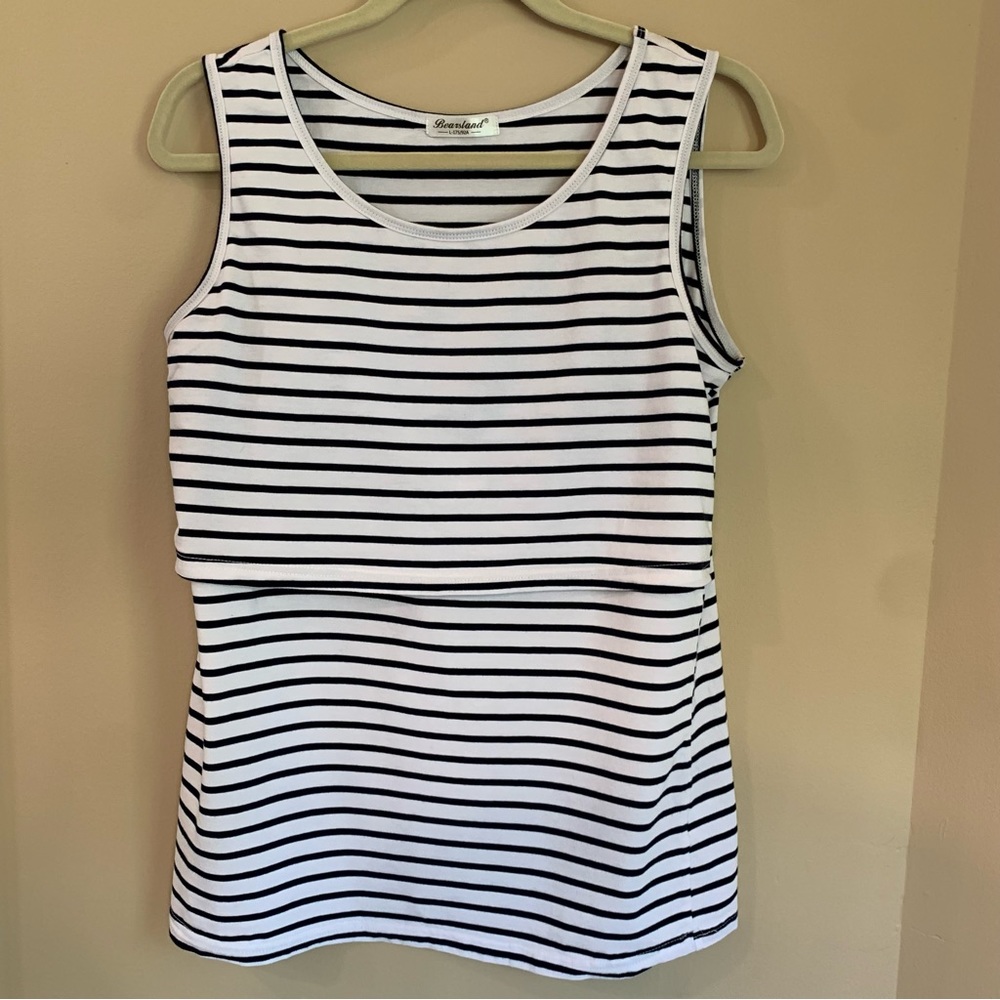 Bearsland White Nursing Top, With Black Stripes, Sleeveless, Round Neck, L, EUC